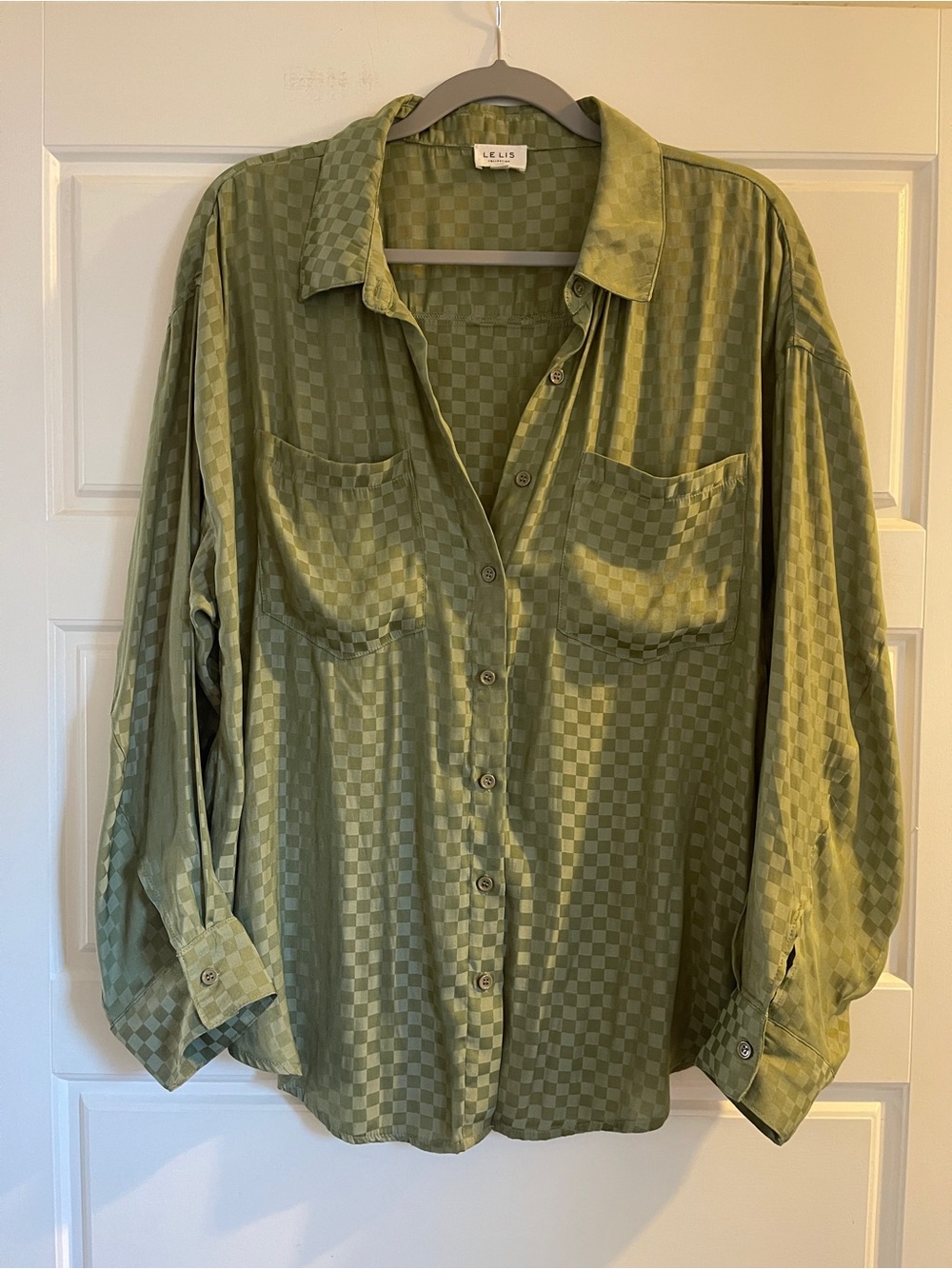 Le Lis Olive Green Checker Satin Shirt